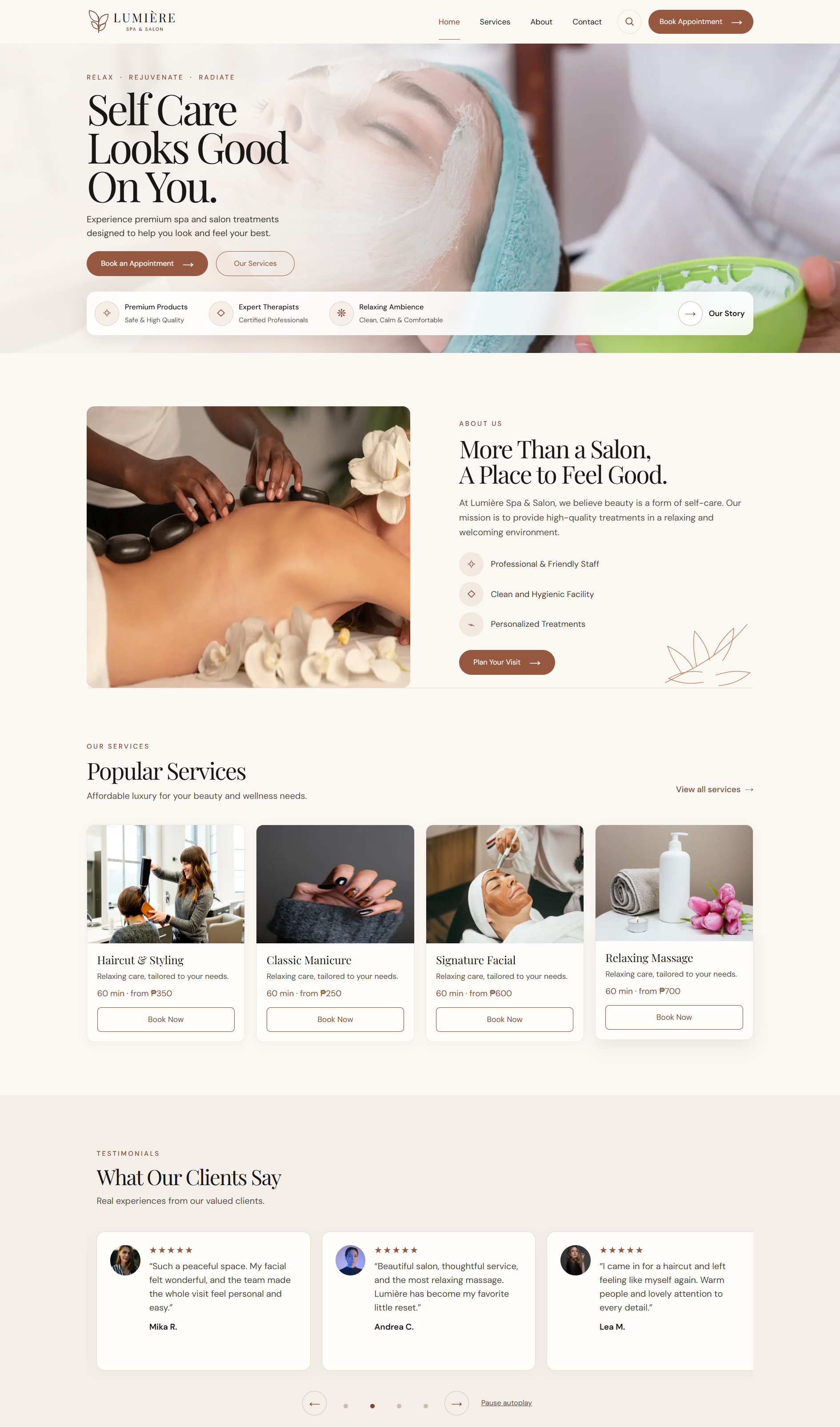 Lumiere Spa & Salon homepage preview